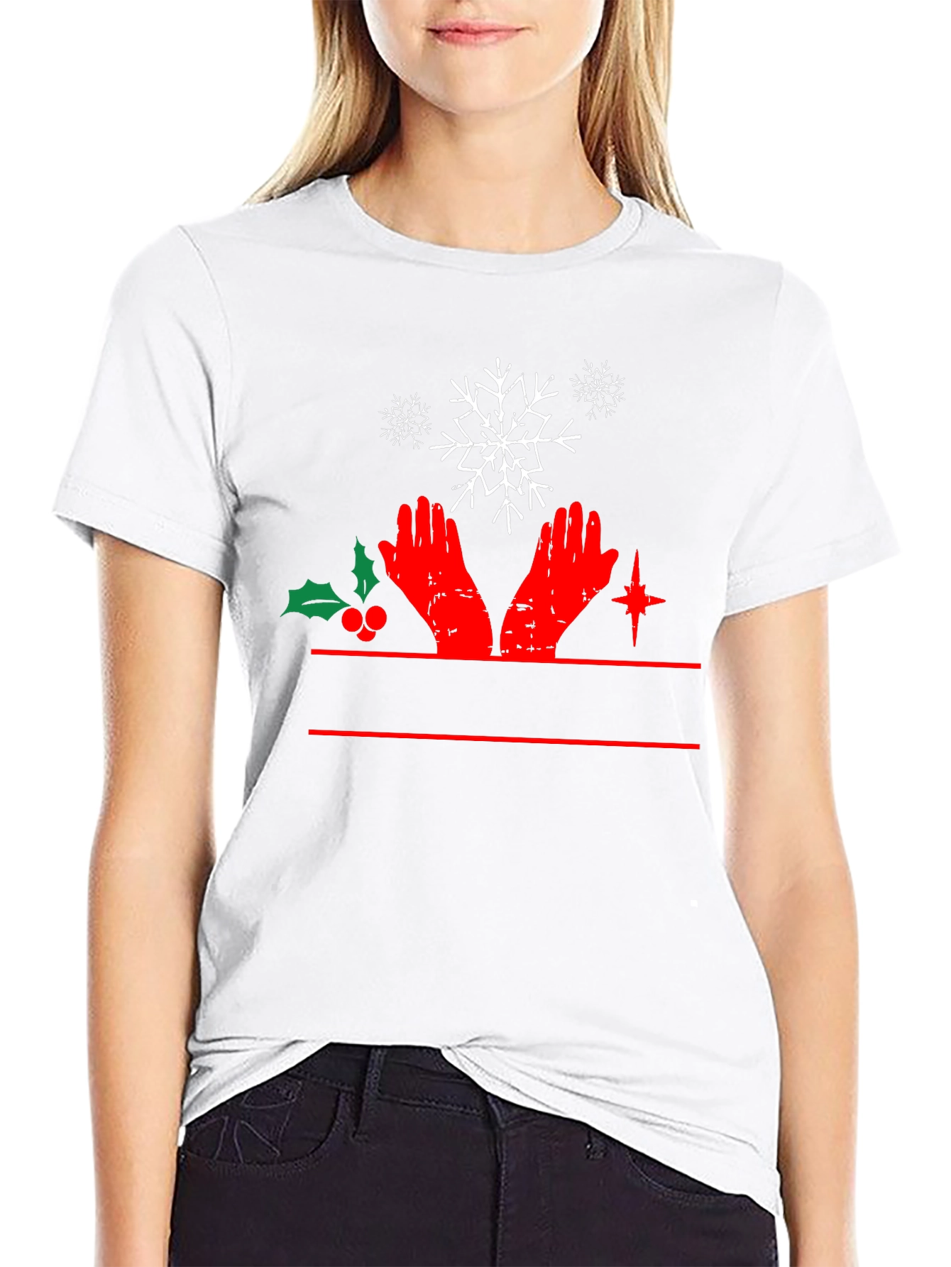 Festive Christmas Hands & Snowflake Black T-Shirt