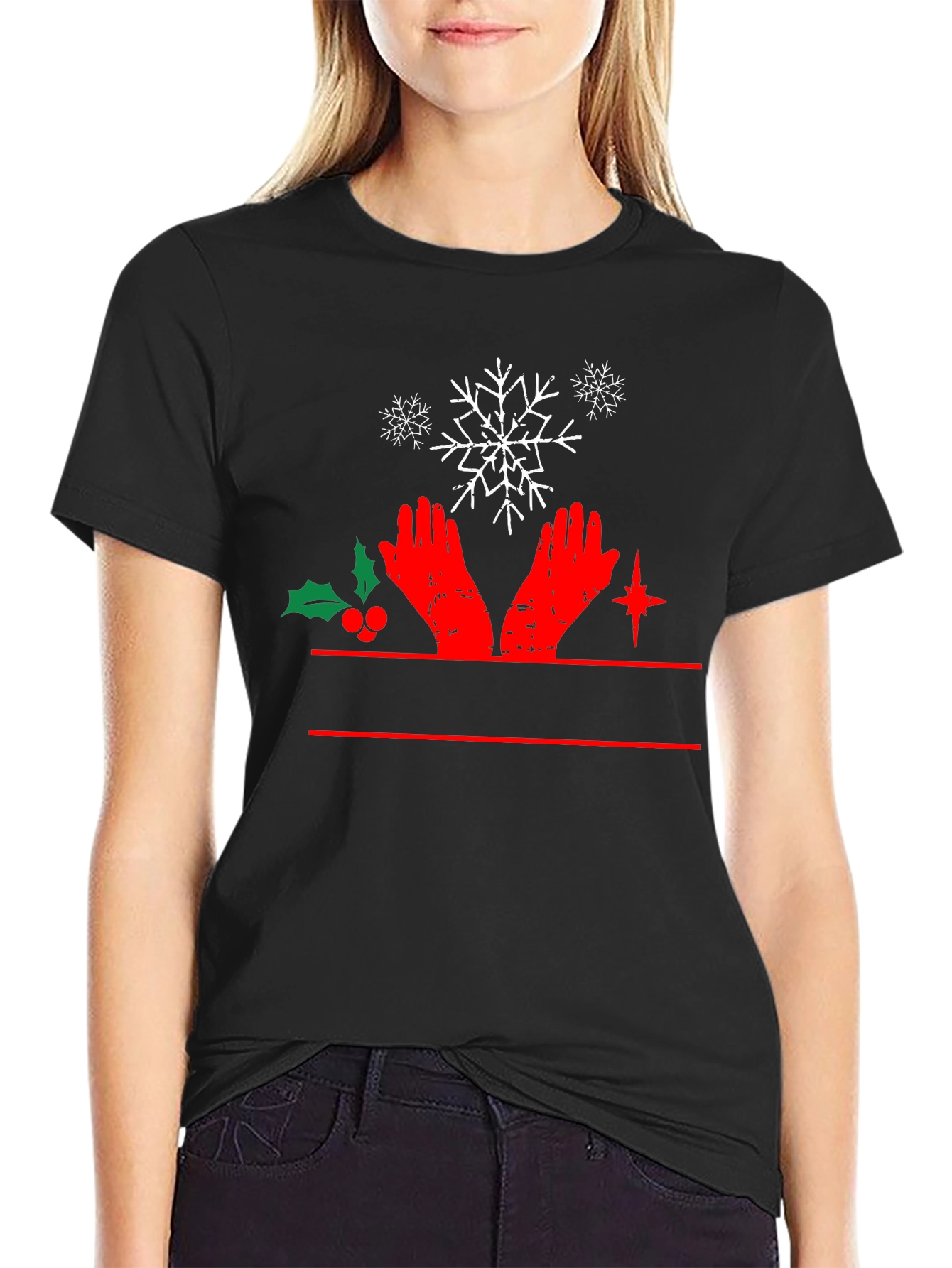 Festive Christmas Hands & Snowflake Black T-Shirt