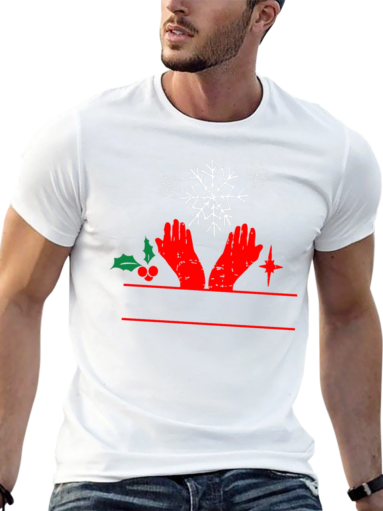 Festive Christmas Hands & Snowflake Black T-Shirt