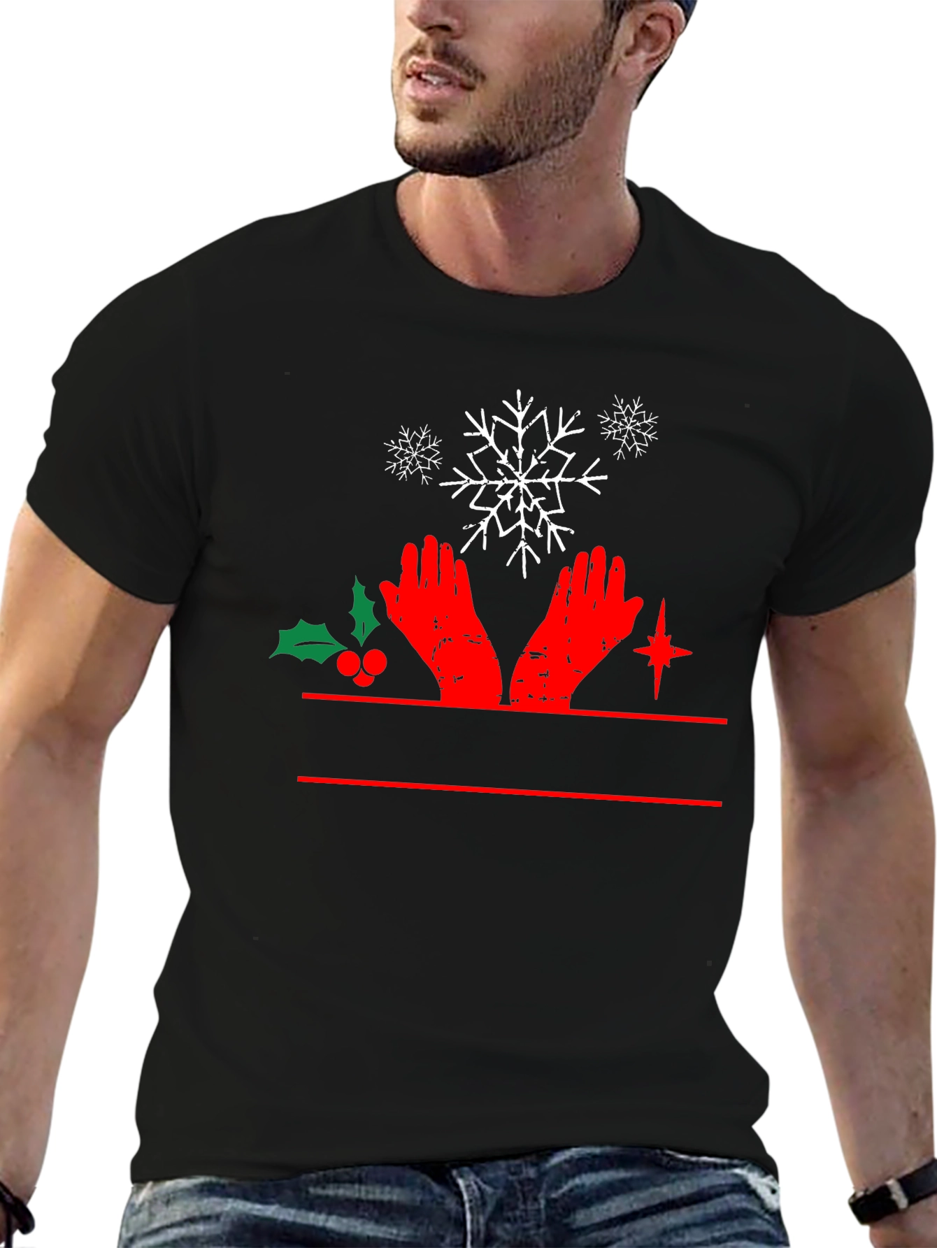 Festive Christmas Hands & Snowflake Black T-Shirt