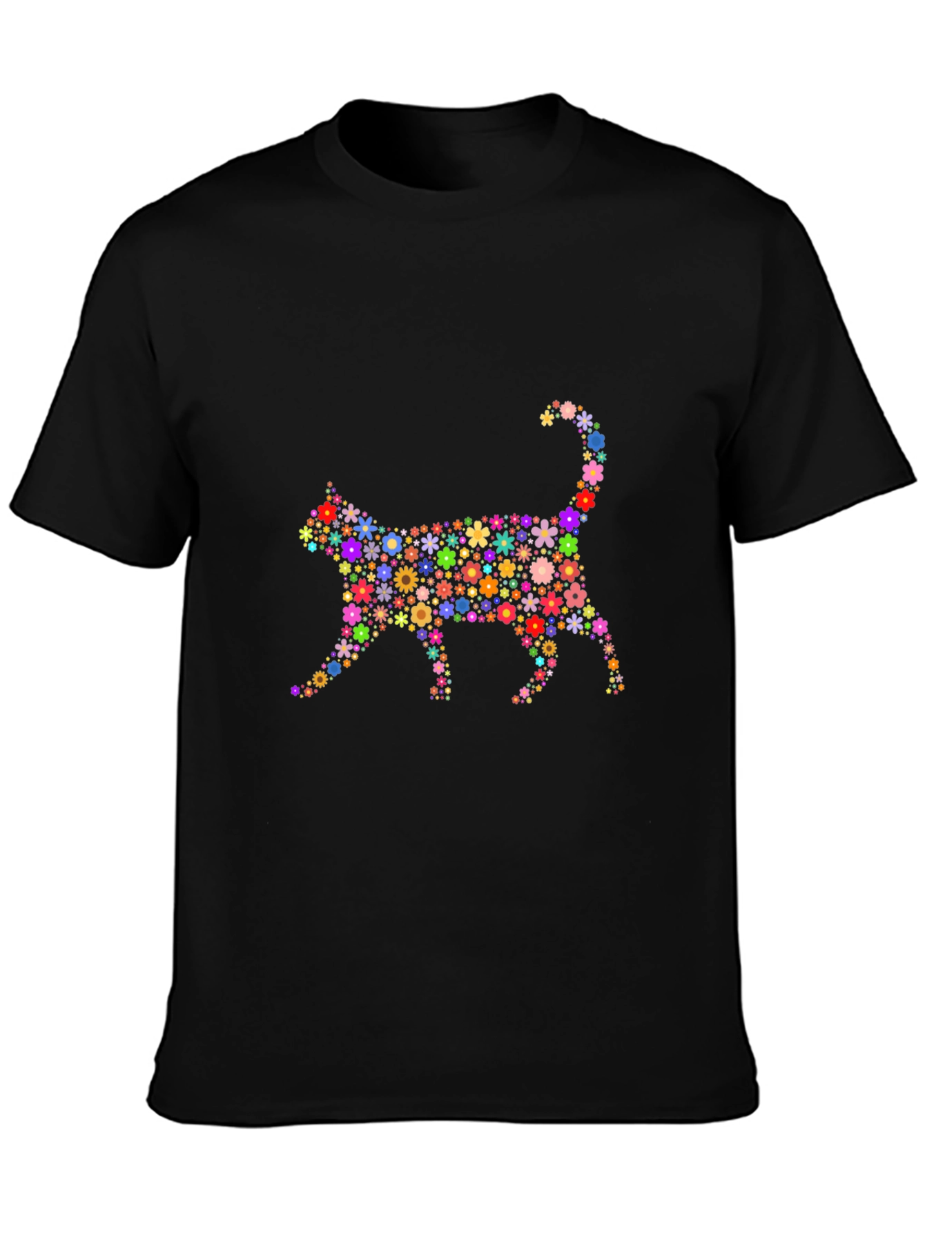 Floral Cat Graphic T-Shirt - Trendy Black Tee