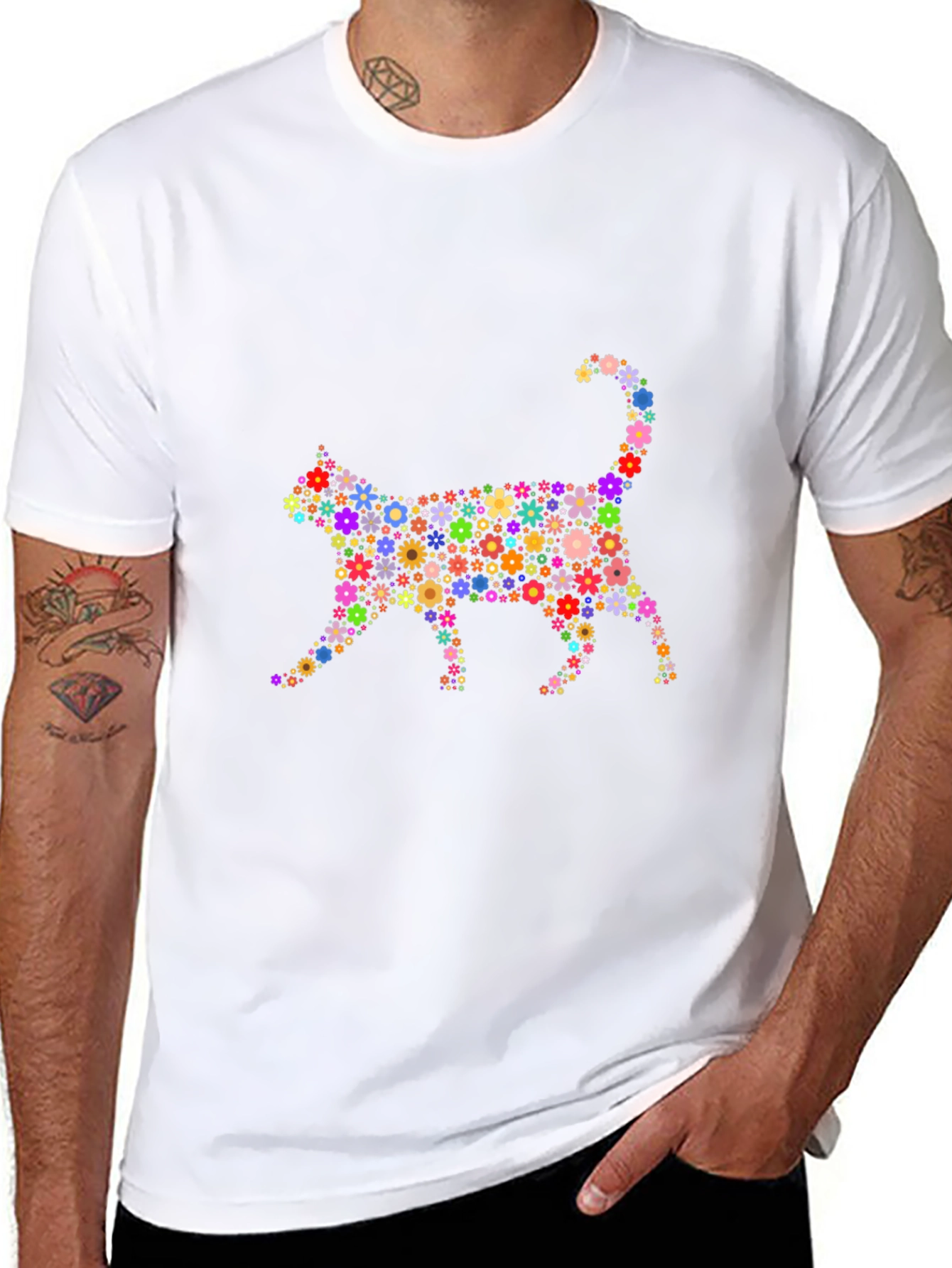 Floral Cat Graphic T-Shirt - Trendy Black Tee