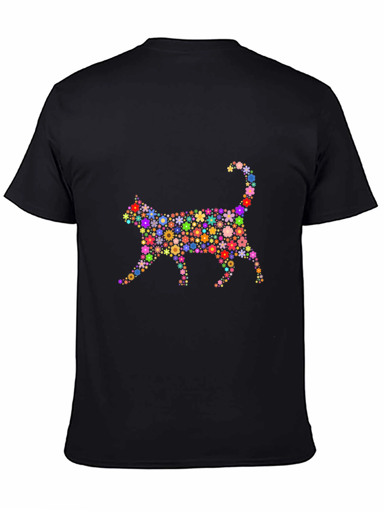 Floral Cat Graphic T-Shirt - Trendy Black Tee