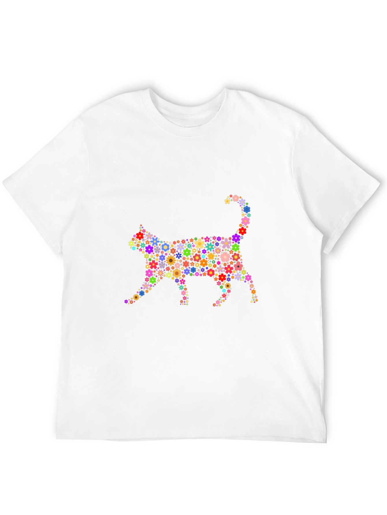 Floral Cat Graphic T-Shirt - Trendy Black Tee