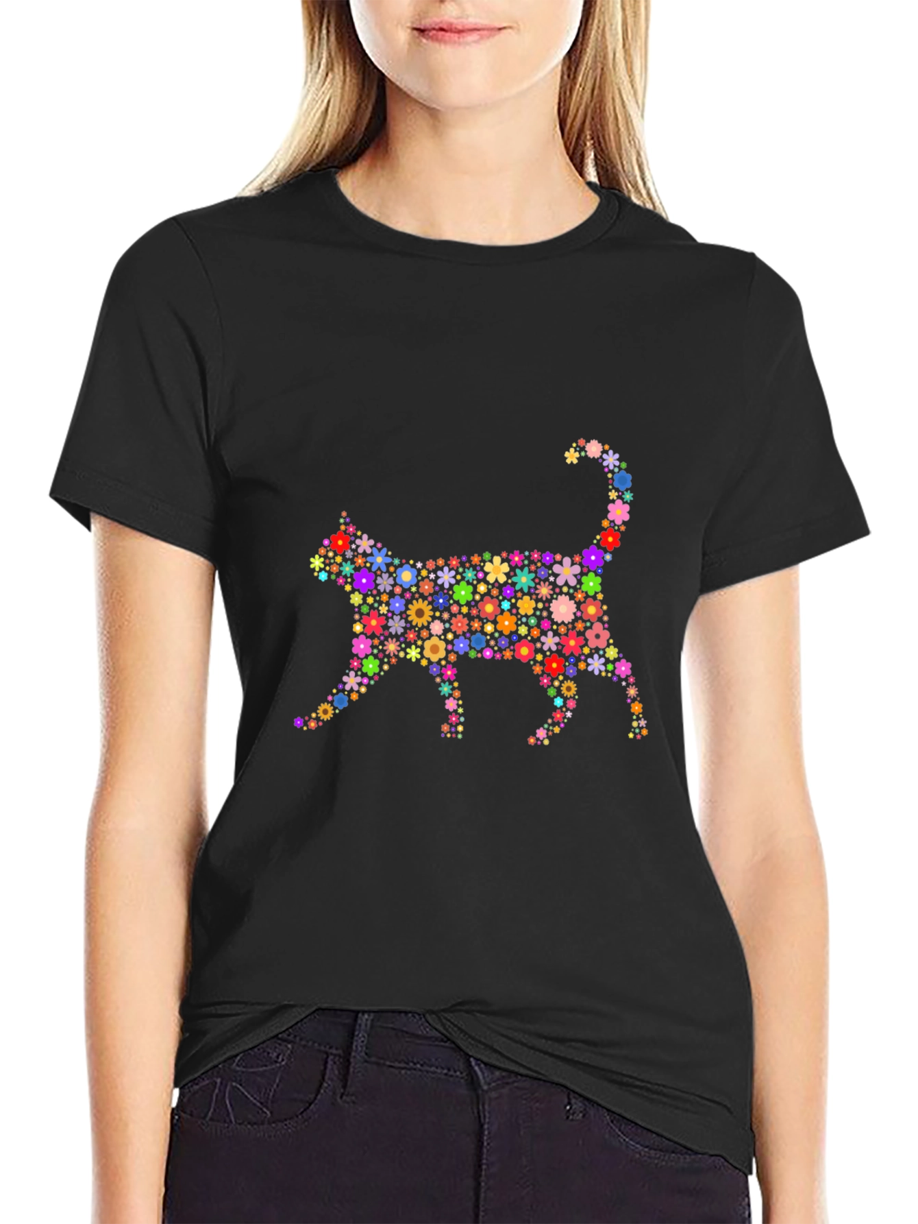 Floral Cat Graphic T-Shirt - Trendy Black Tee