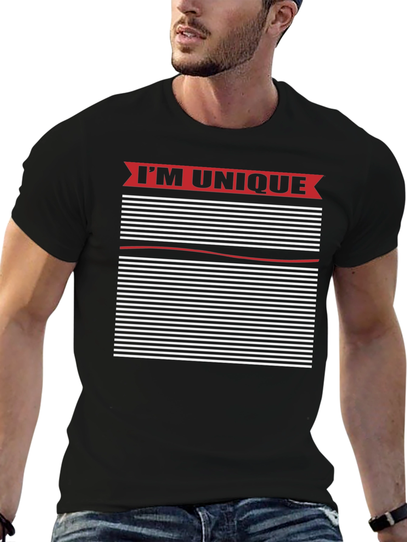 Unique Striped Graphic Tee - Black