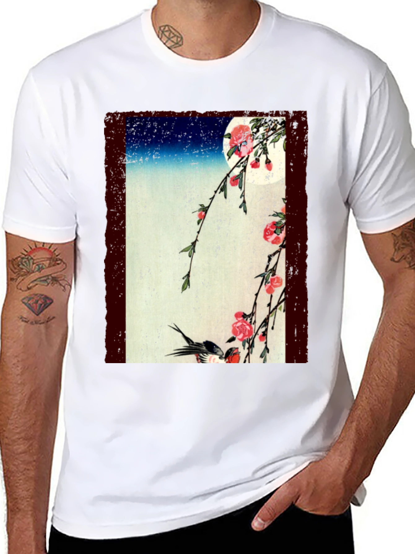 Japanese Art T-Shirt: Moonlit Cherry Blossoms & Bird