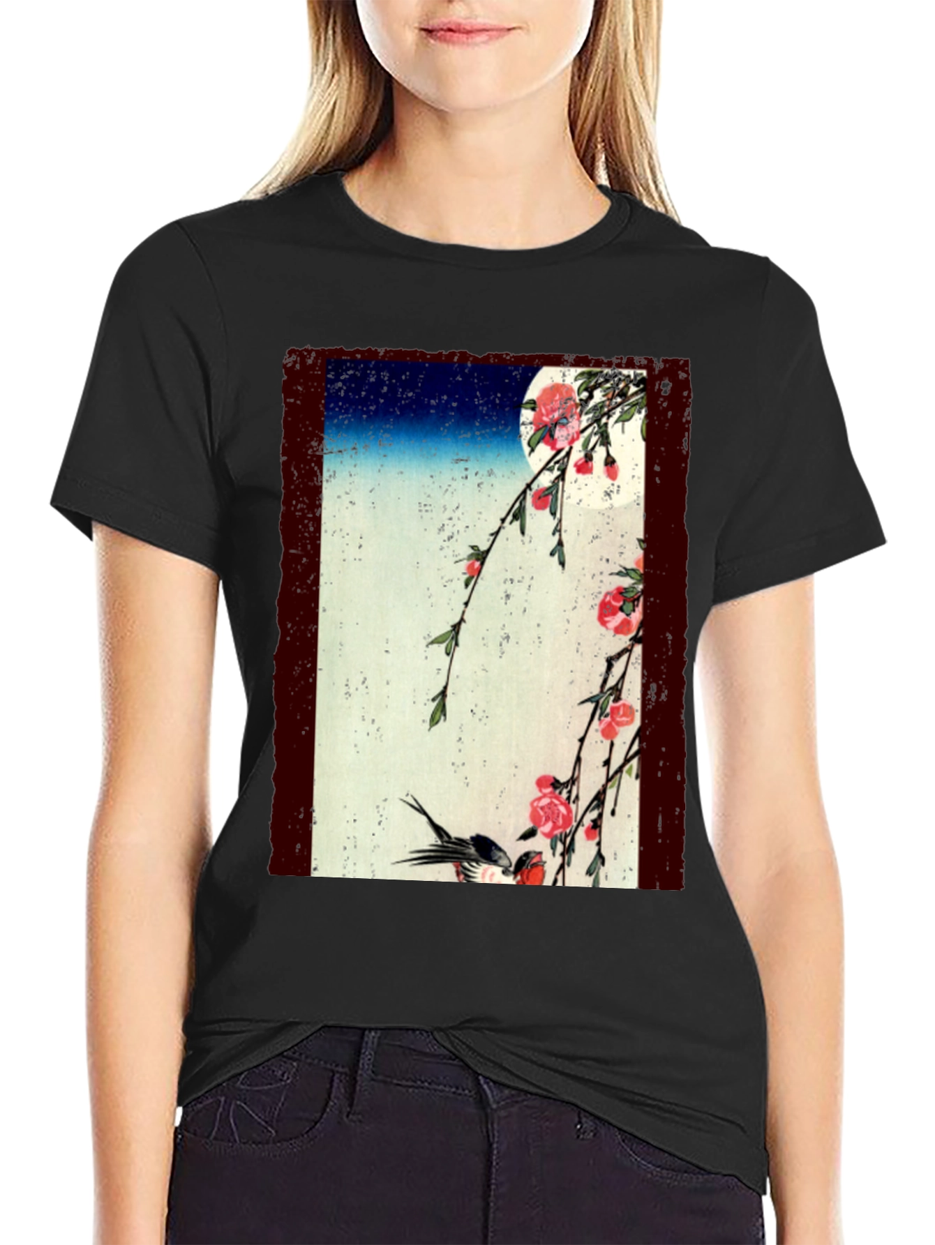 Japanese Art T-Shirt: Moonlit Cherry Blossoms & Bird