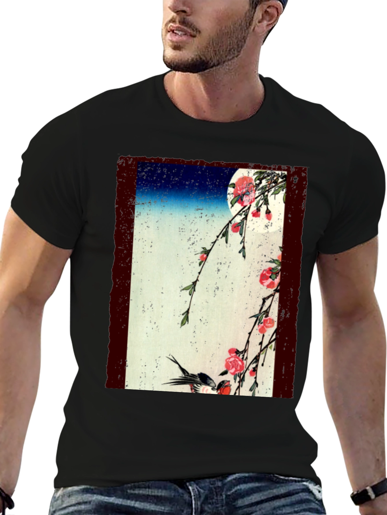 Japanese Art T-Shirt: Moonlit Cherry Blossoms & Bird