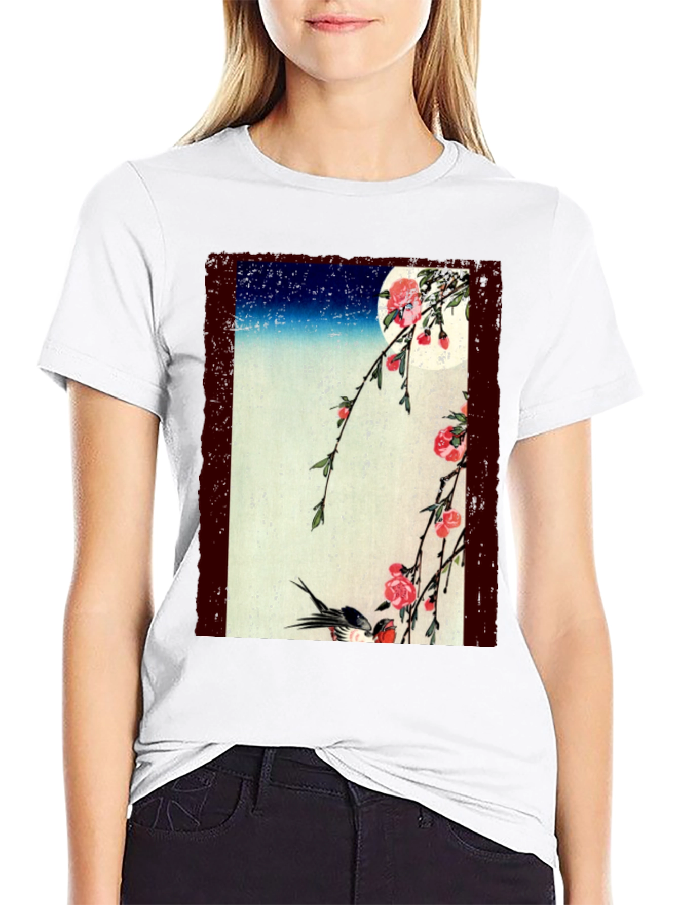 Japanese Art T-Shirt: Moonlit Cherry Blossoms & Bird