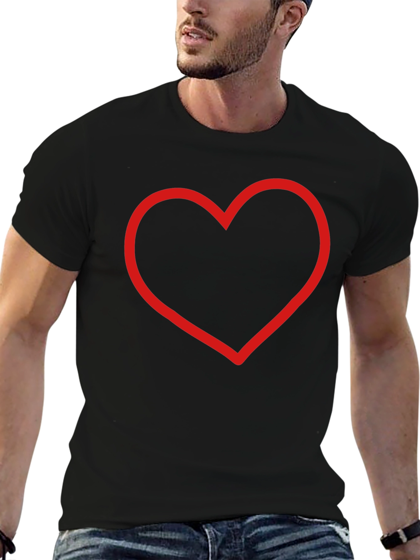 Red Heart Outline Black T-Shirt - Stylish & Simple