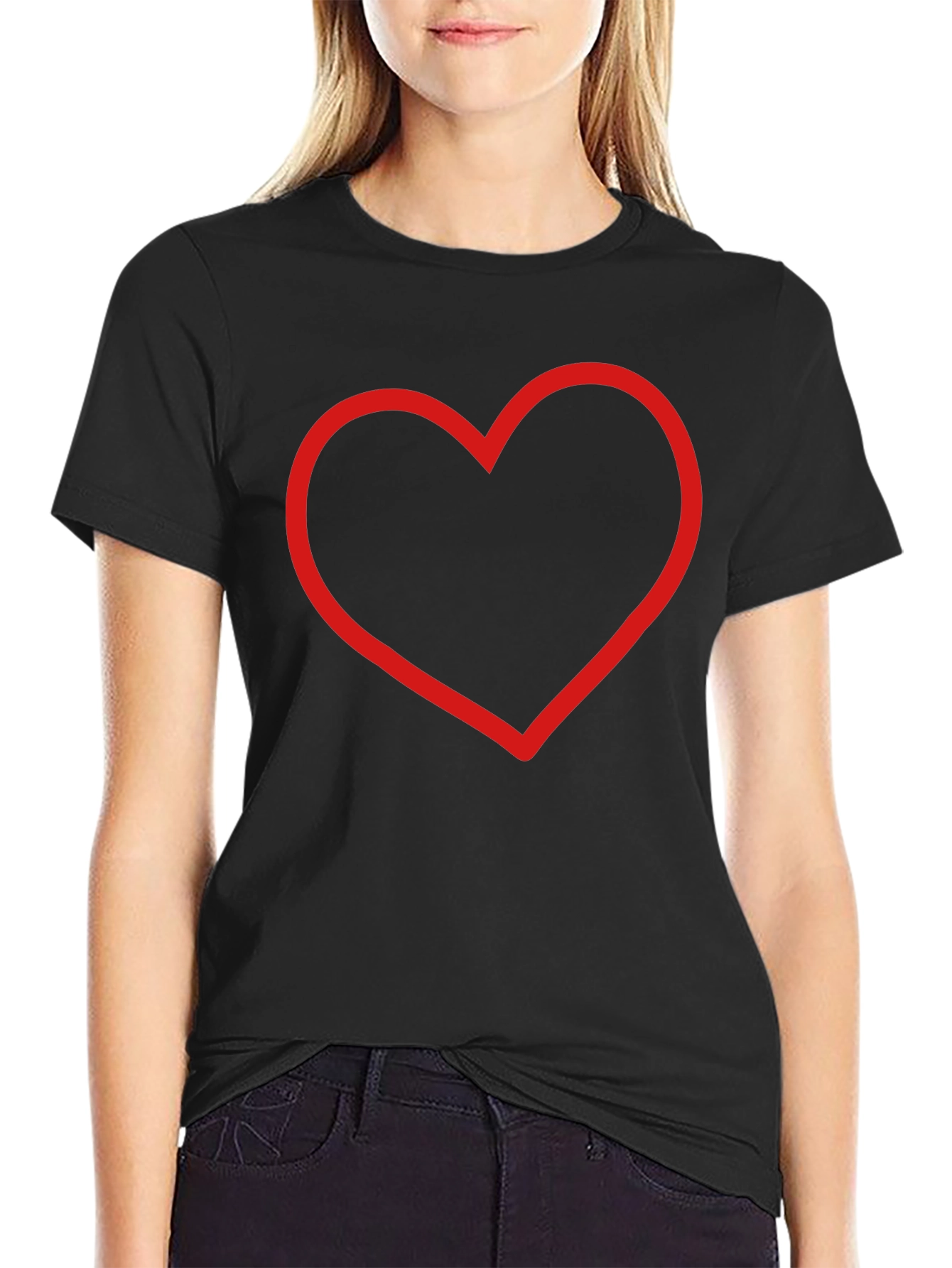 Red Heart Outline Black T-Shirt - Stylish & Simple