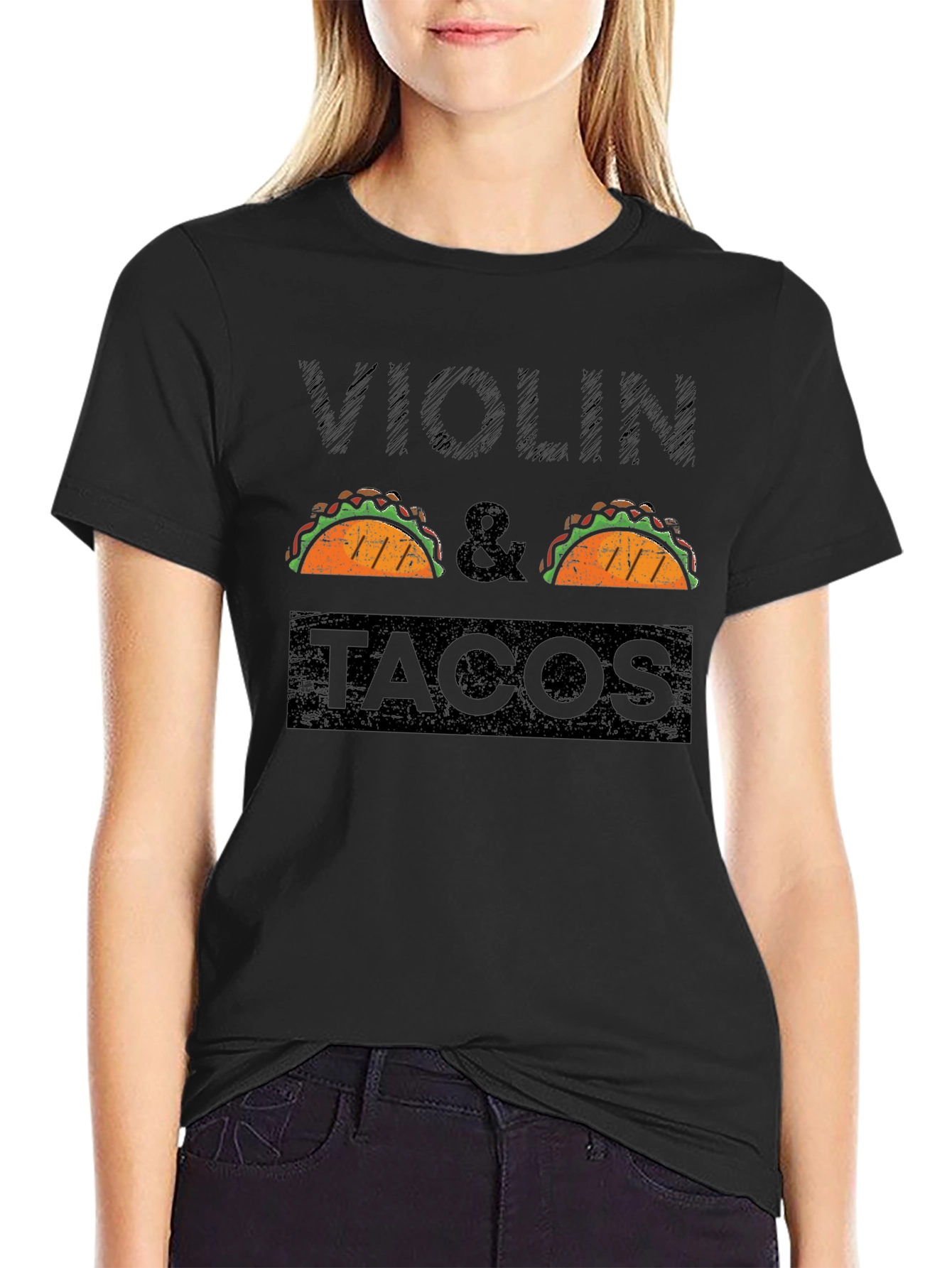 Violin & Tacos Black Graphic T-Shirt