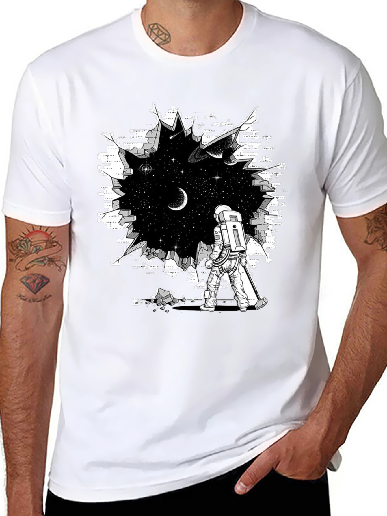 Astronaut Through Brick Wall T-Shirt