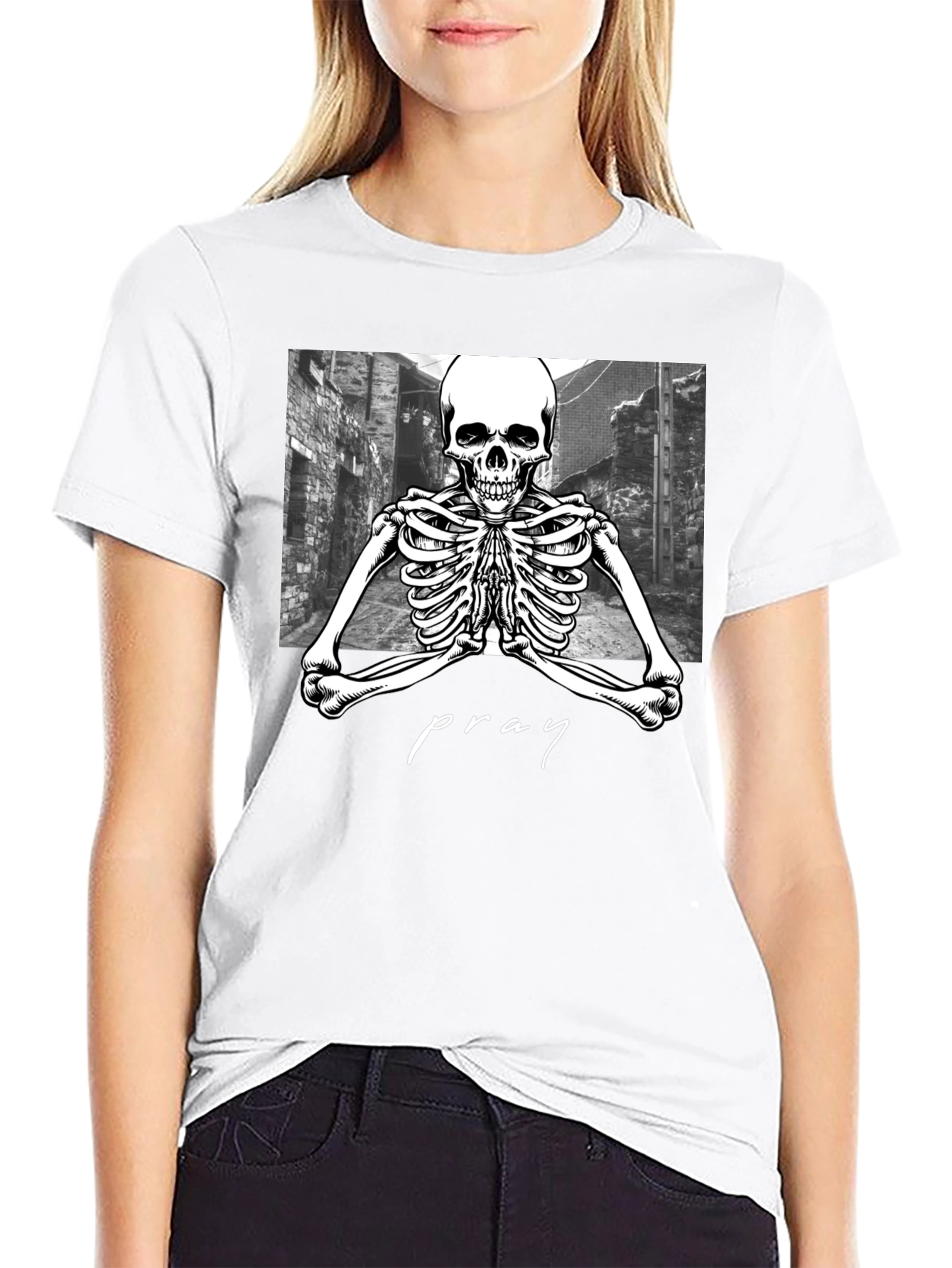 Praying Skeleton Graphic Tee - Stylish Streetwear