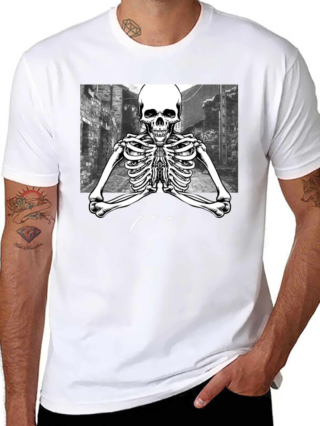 Praying Skeleton Graphic Tee - Stylish Streetwear