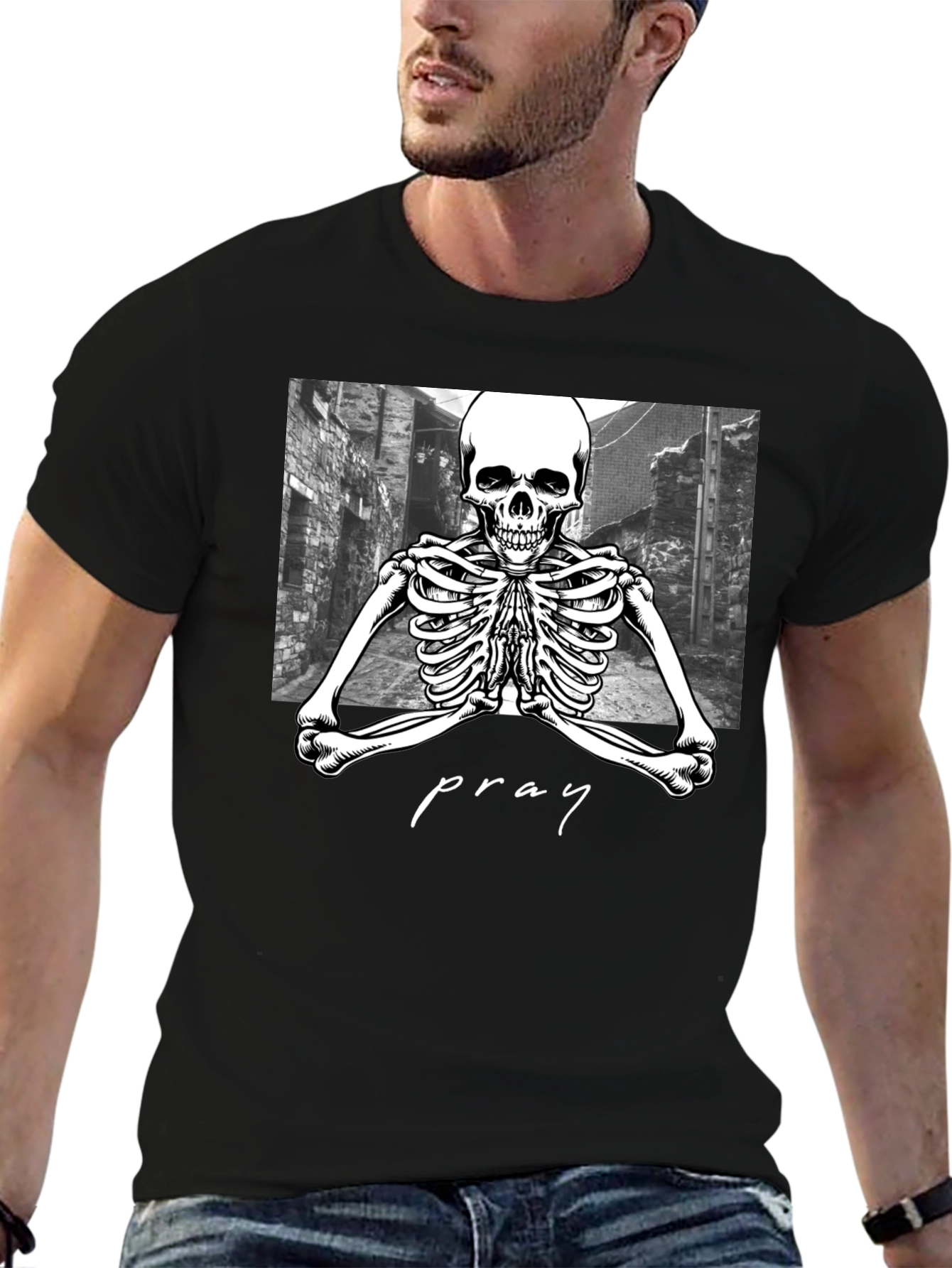 Praying Skeleton Graphic Tee - Stylish Streetwear