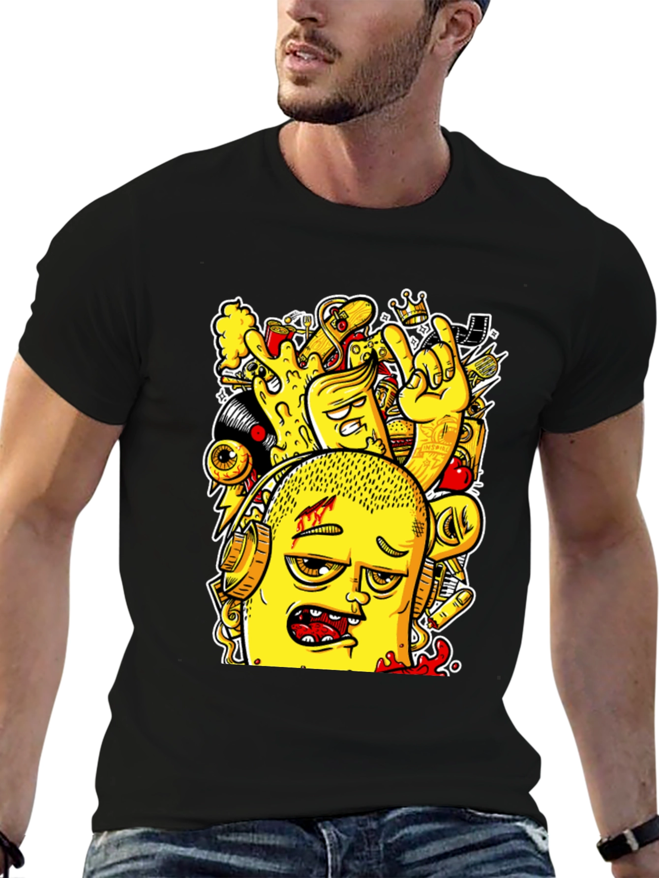 Edgy Cartoon Graphic Black T-Shirt