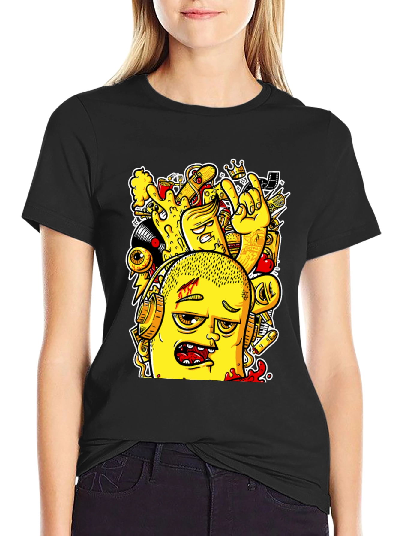 Edgy Cartoon Graphic Black T-Shirt