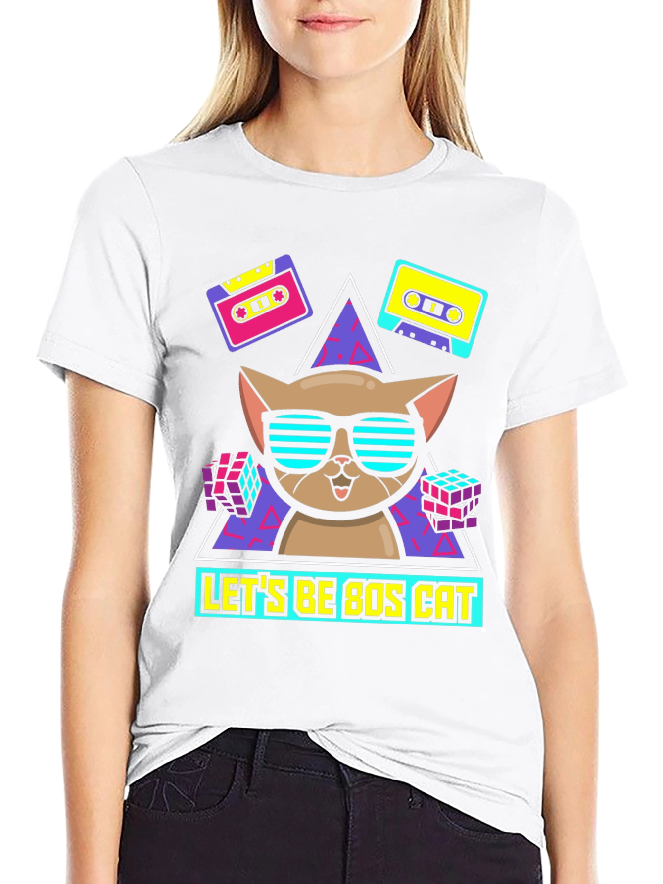 Lets Be 80s Cat Graphic T-Shirt