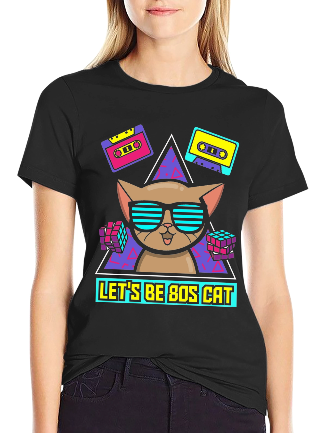 Lets Be 80s Cat Graphic T-Shirt