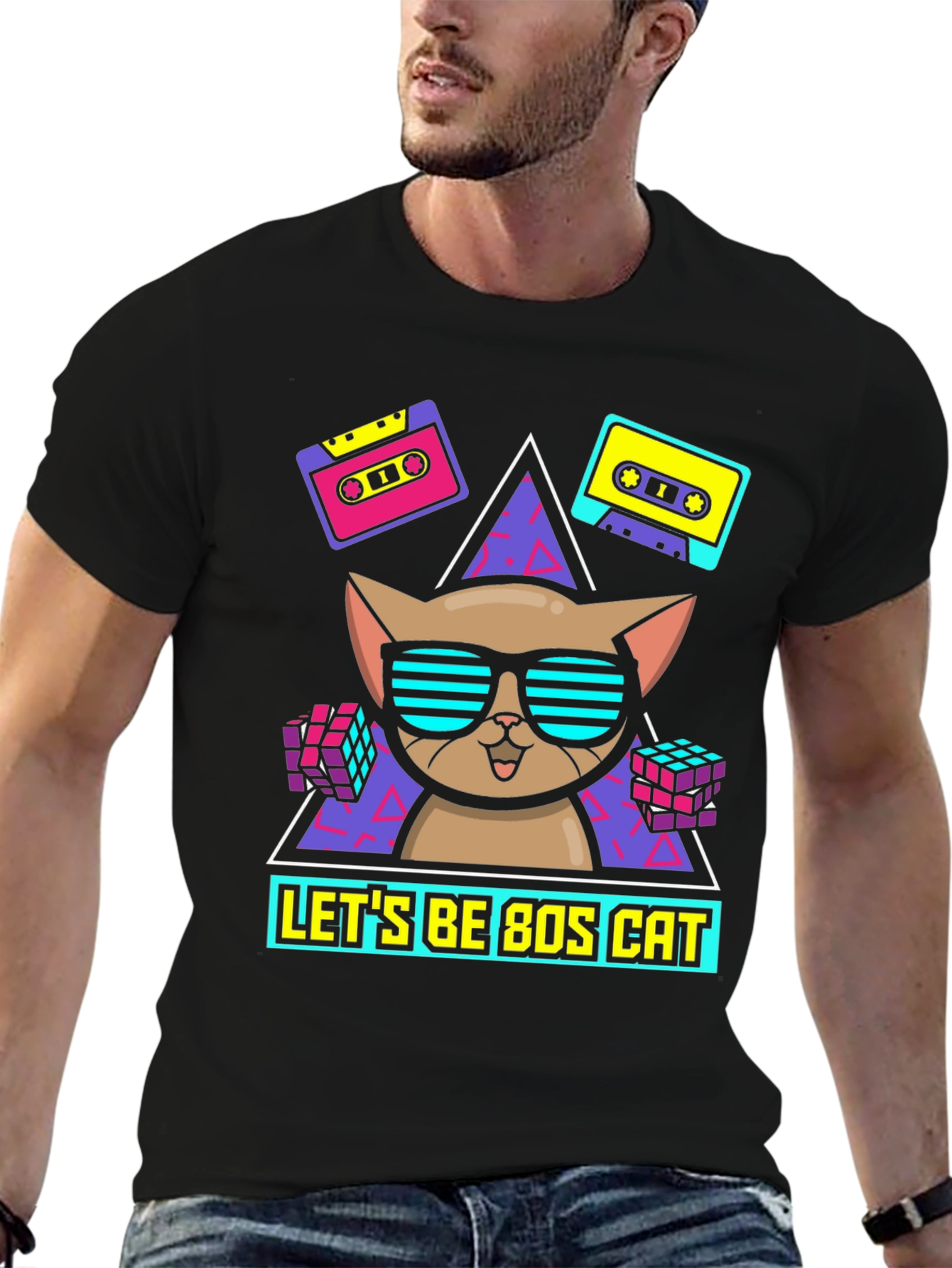 Lets Be 80s Cat Graphic T-Shirt