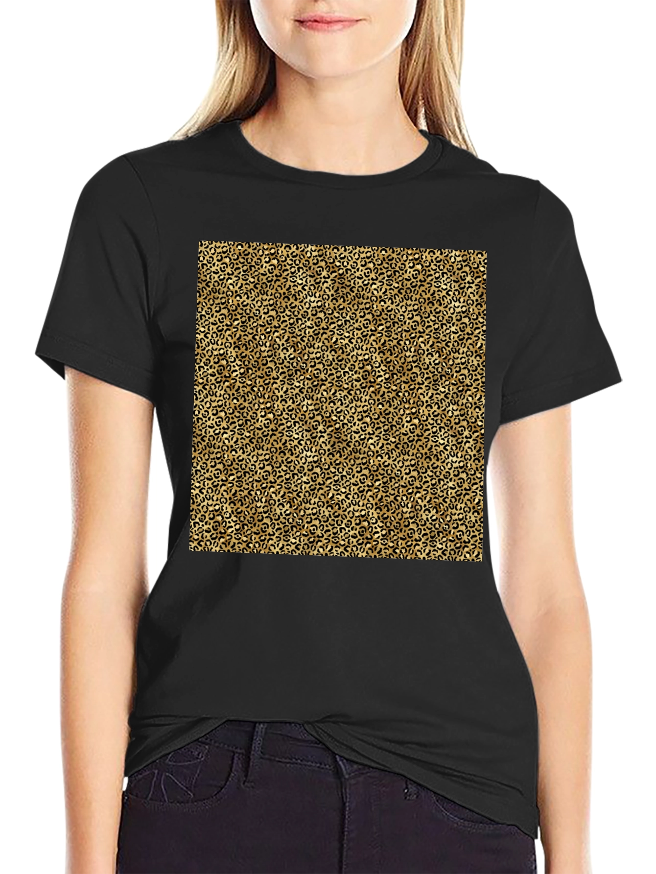 Black T-Shirt with Leopard Print Design