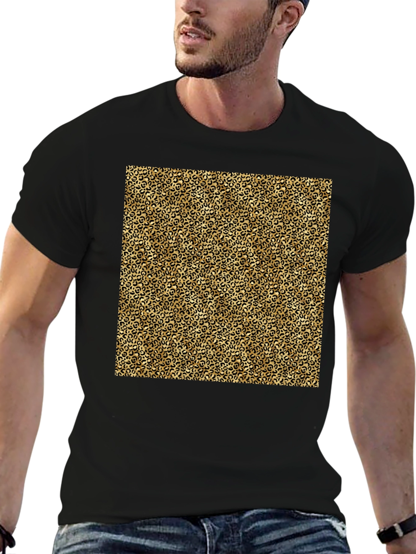 Black T-Shirt with Leopard Print Design