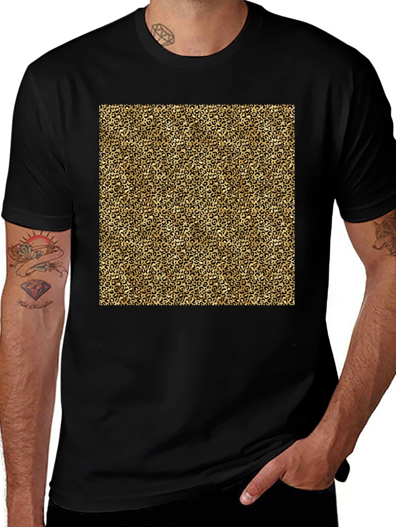 Black T-Shirt with Leopard Print Design