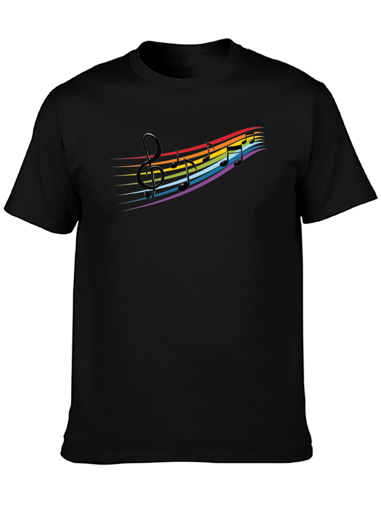 Rainbow Music Notes Graphic Black T-Shirt