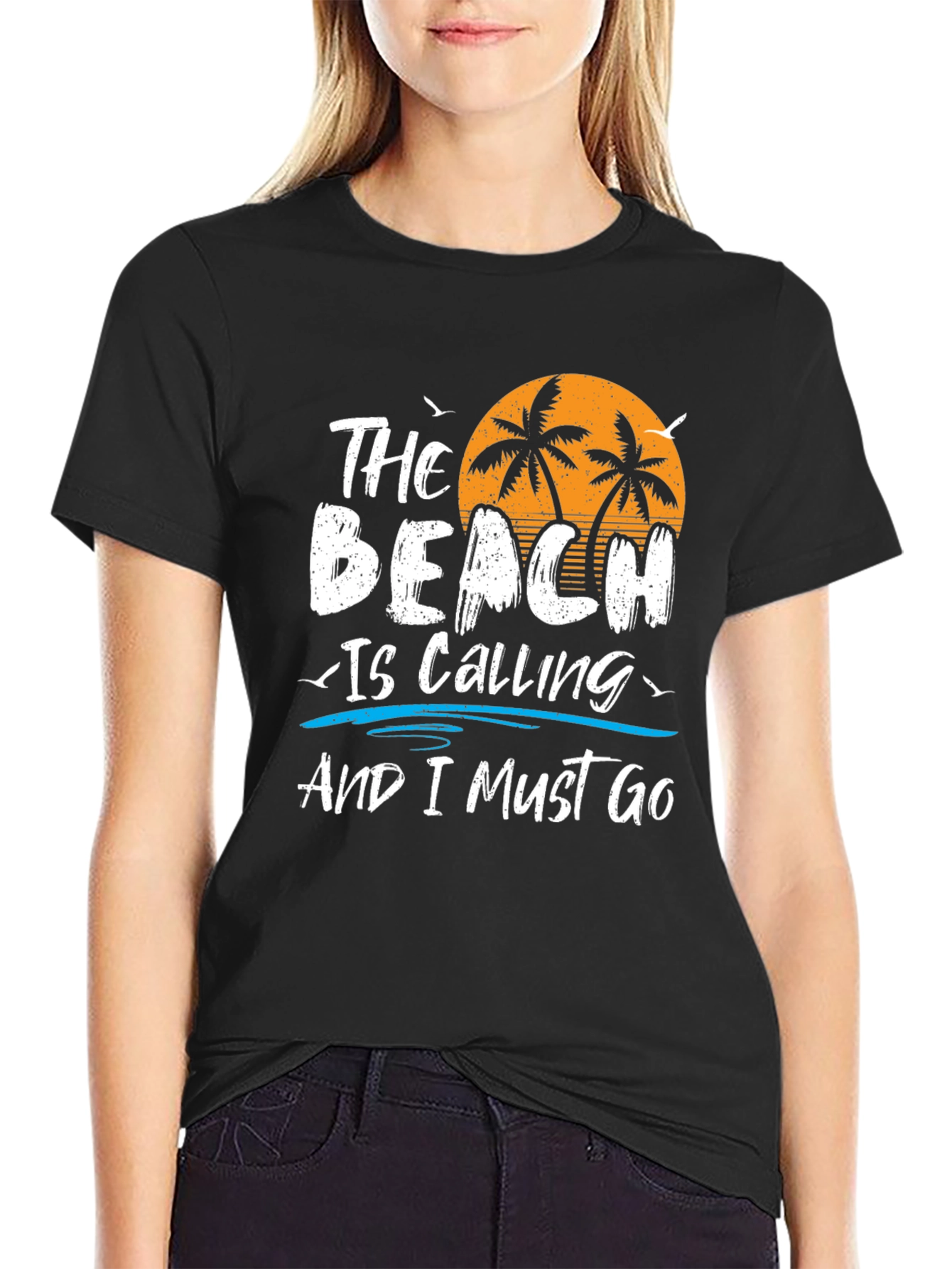 The Beach Is Calling Black Graphic T-Shirt