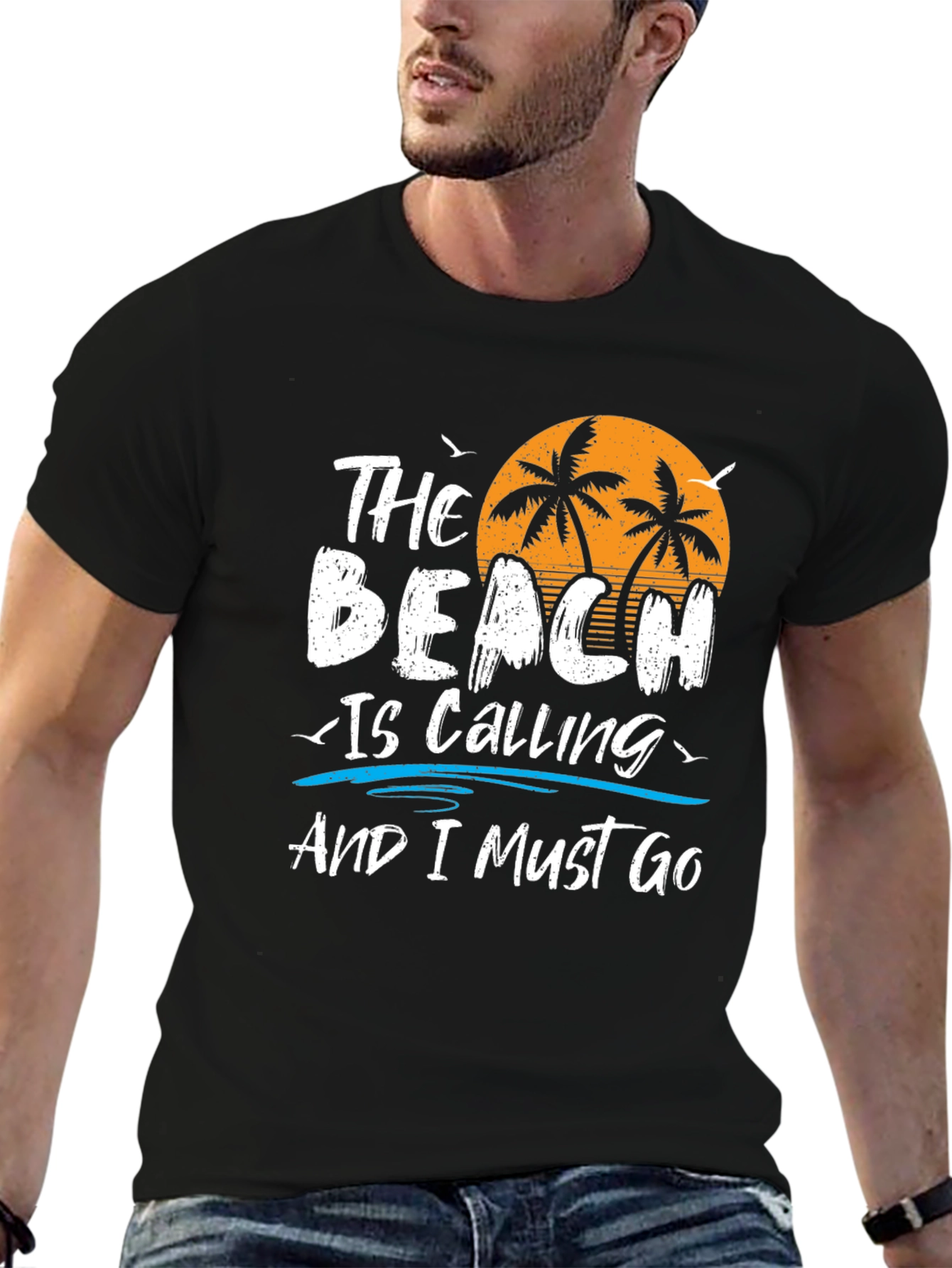 The Beach Is Calling Black Graphic T-Shirt