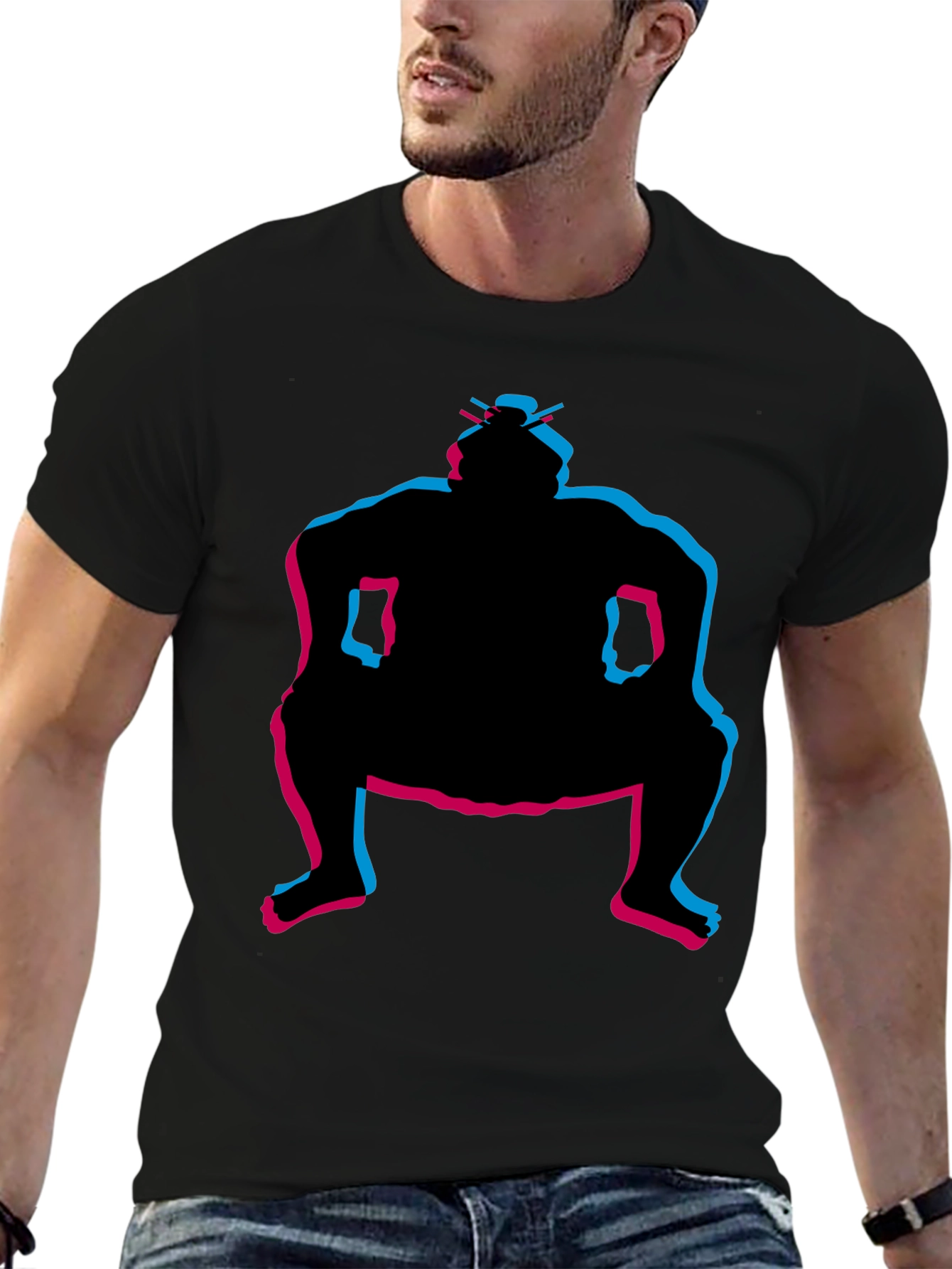 Sumo Wrestler Graphic Tee - Black Crew Neck T-Shirt