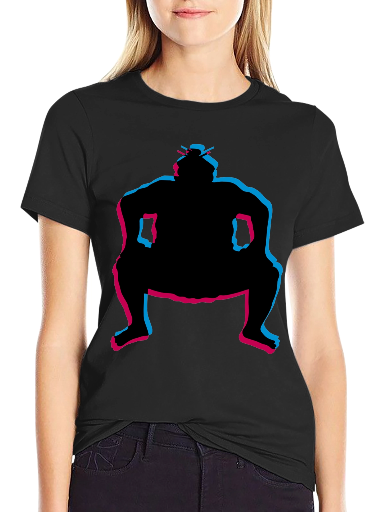 Sumo Wrestler Graphic Tee - Black Crew Neck T-Shirt