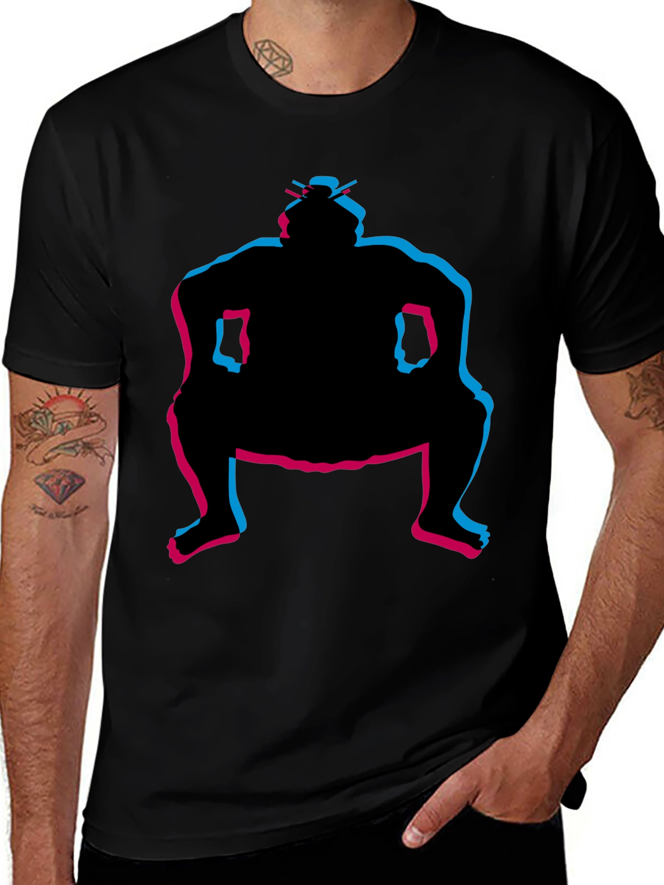 Sumo Wrestler Graphic Tee - Black Crew Neck T-Shirt