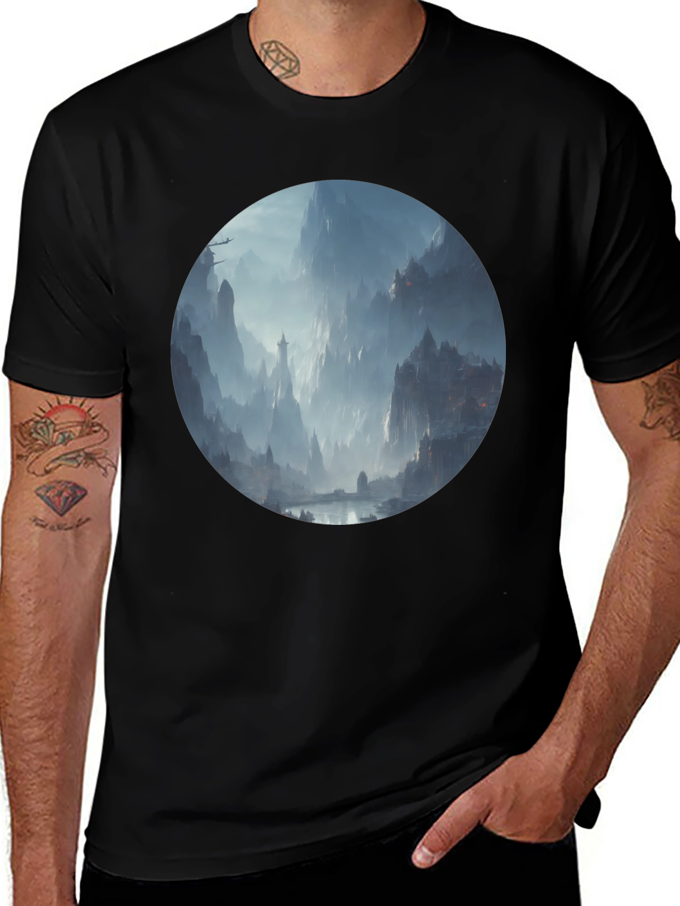 Fantasy Landscape Print Black T-Shirt