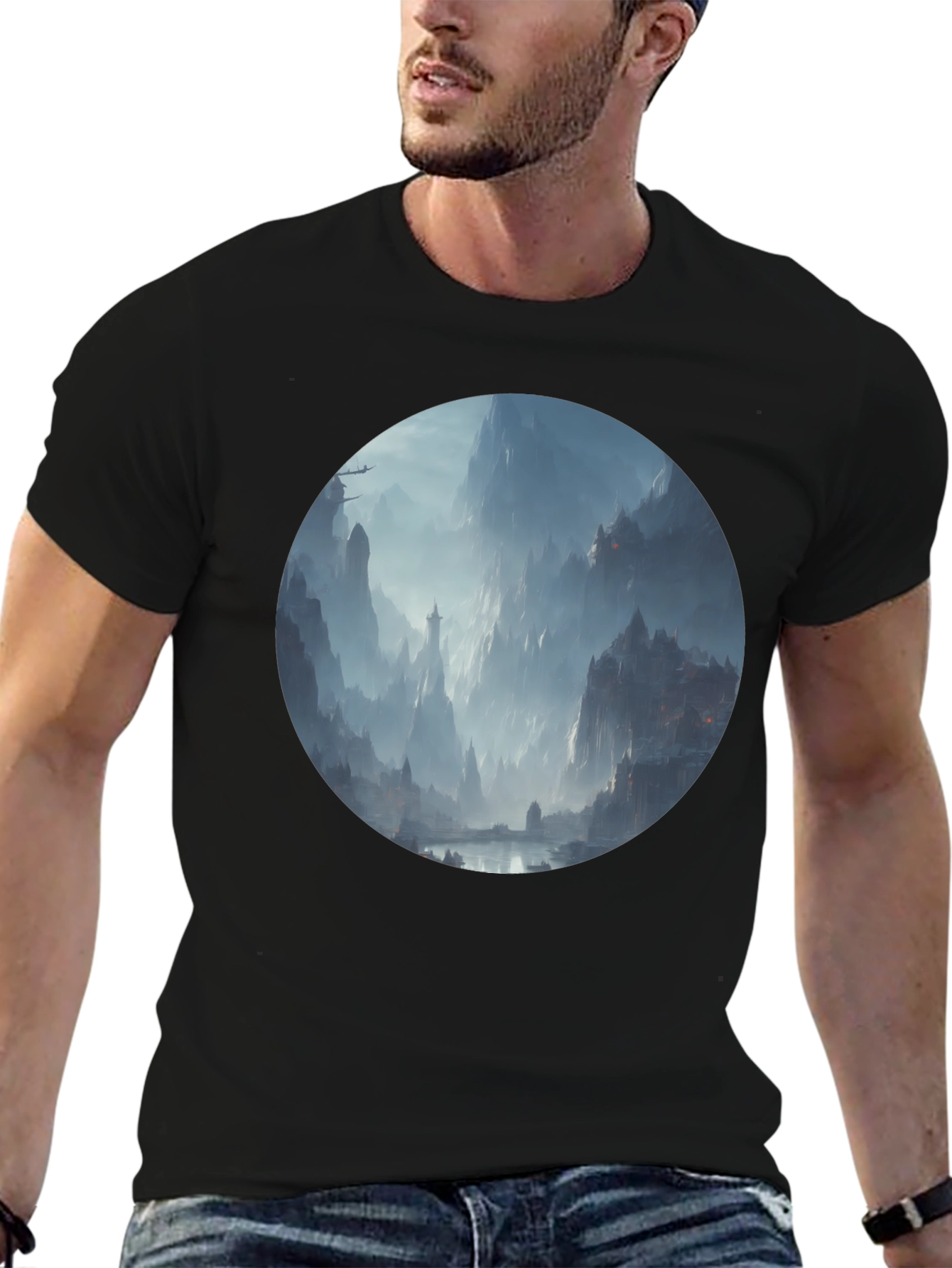 Fantasy Landscape Print Black T-Shirt