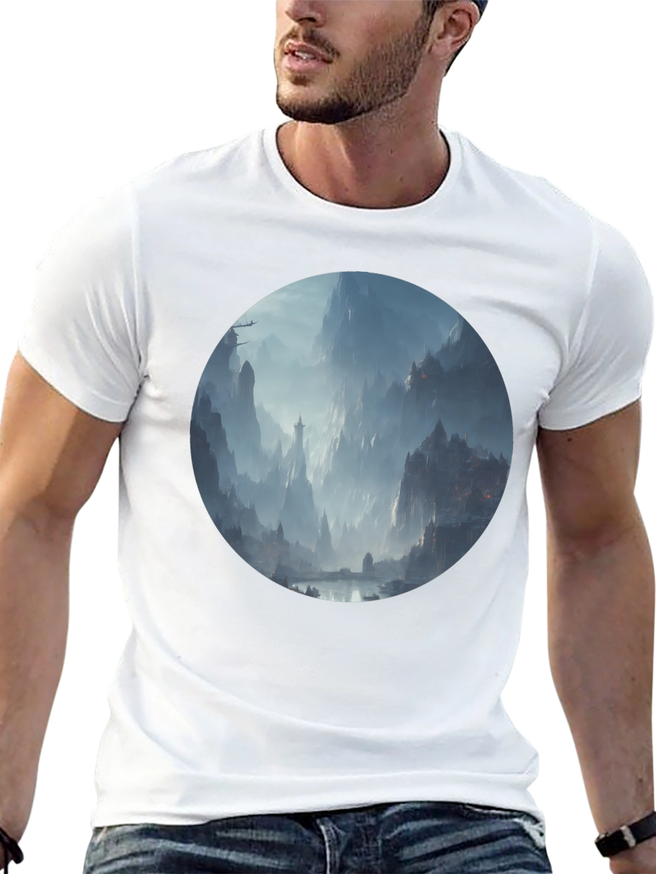 Fantasy Landscape Print Black T-Shirt