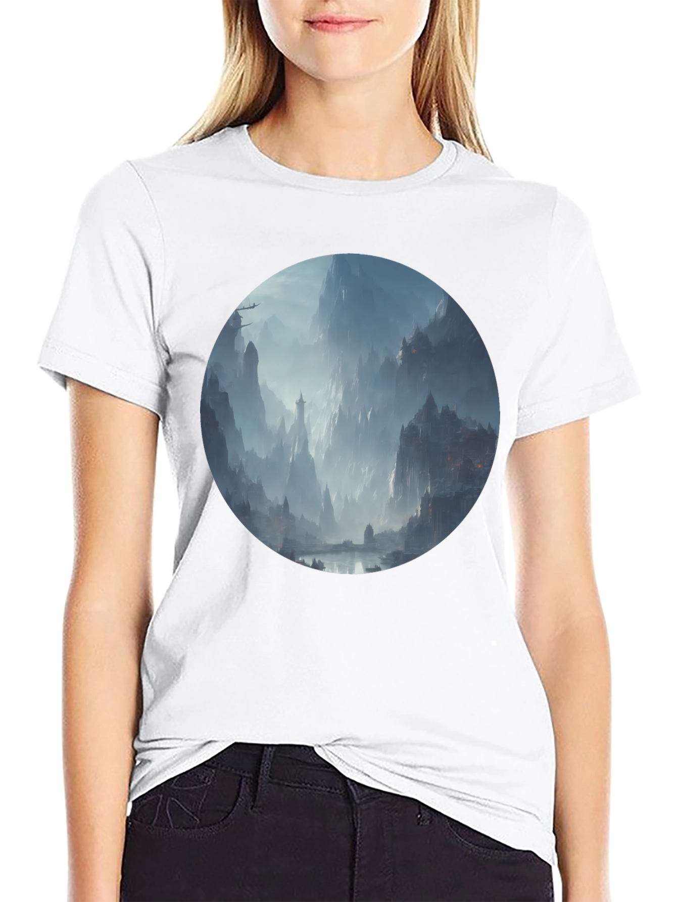 Fantasy Landscape Print Black T-Shirt