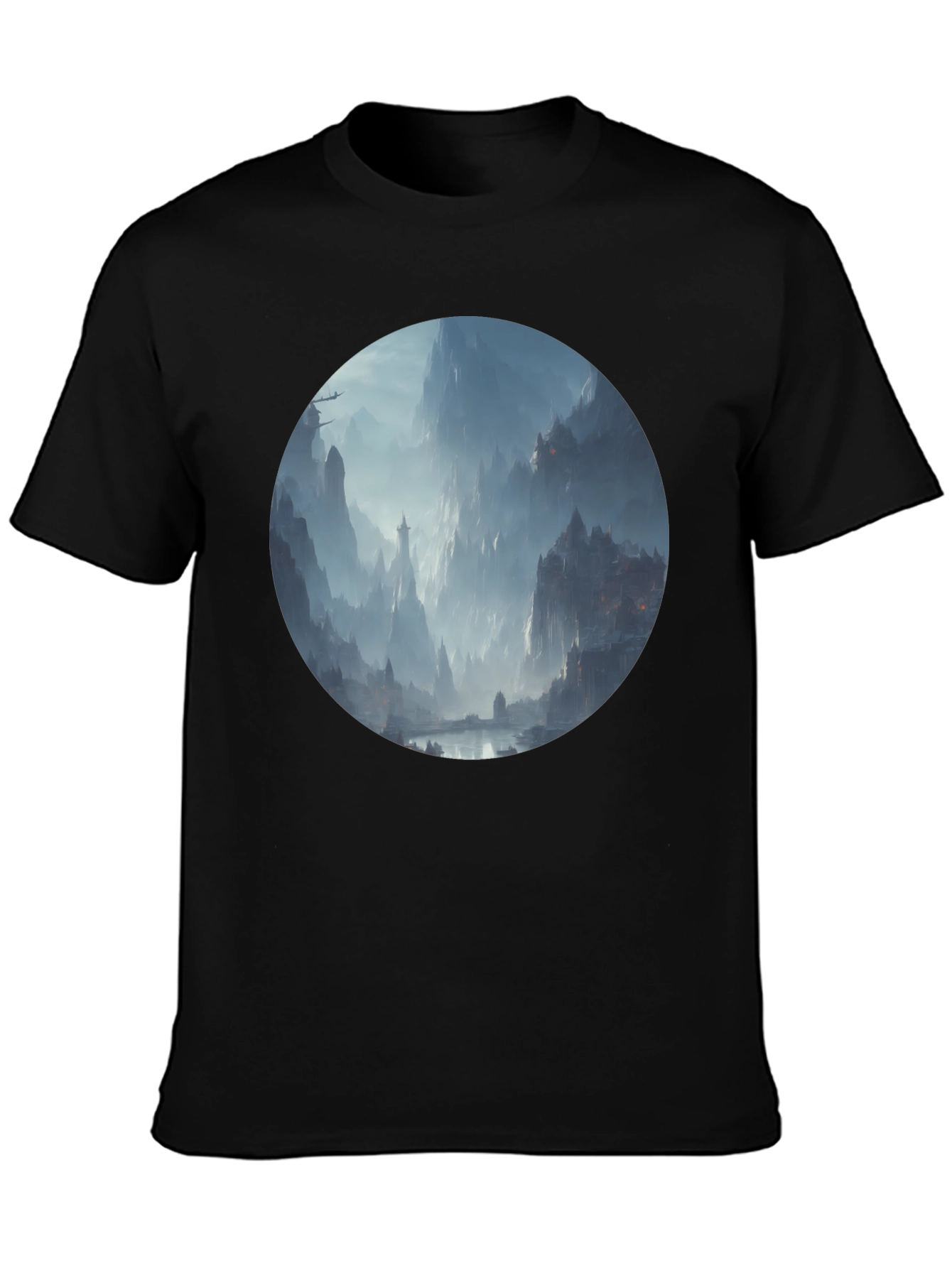 Fantasy Landscape Print Black T-Shirt