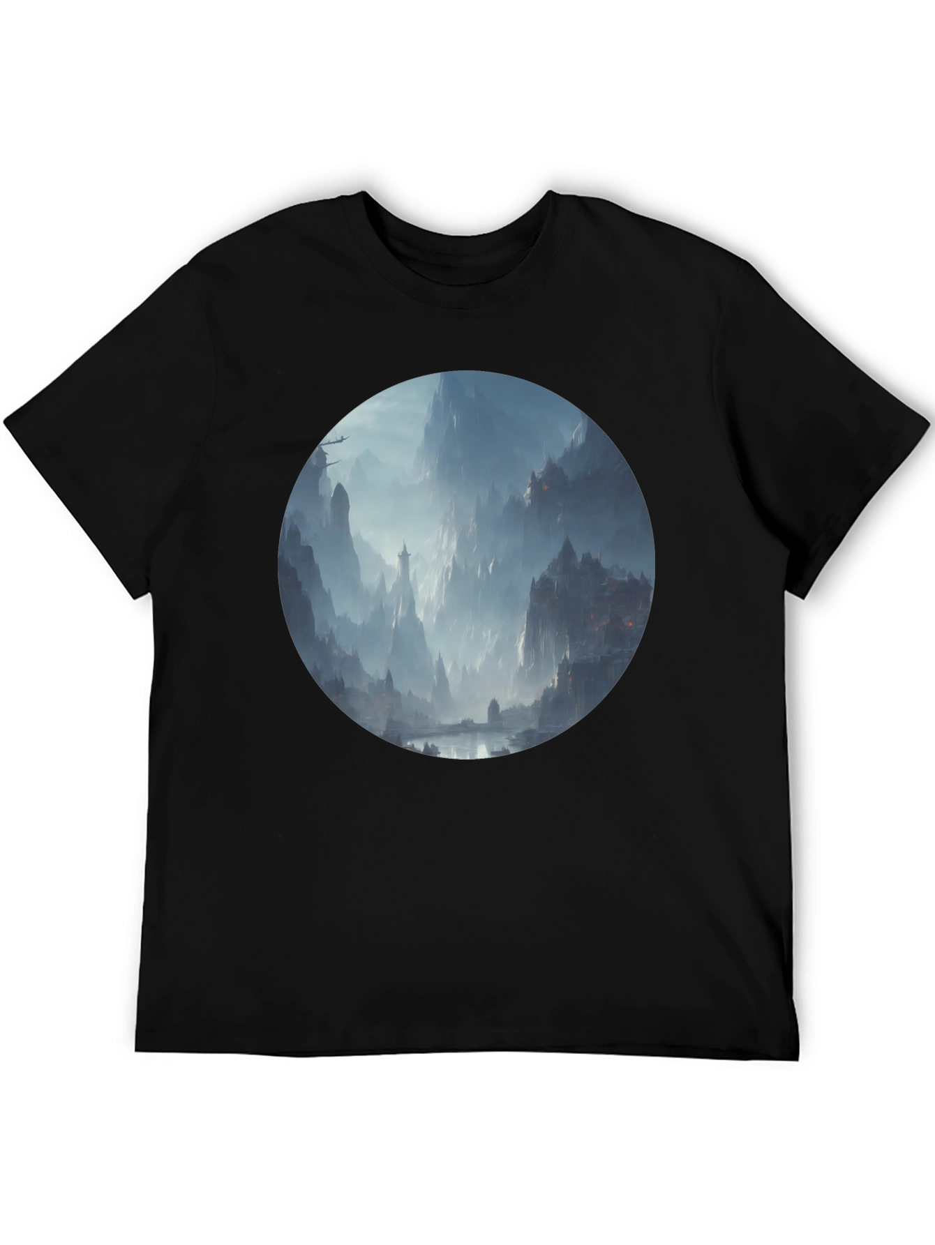 Fantasy Landscape Print Black T-Shirt