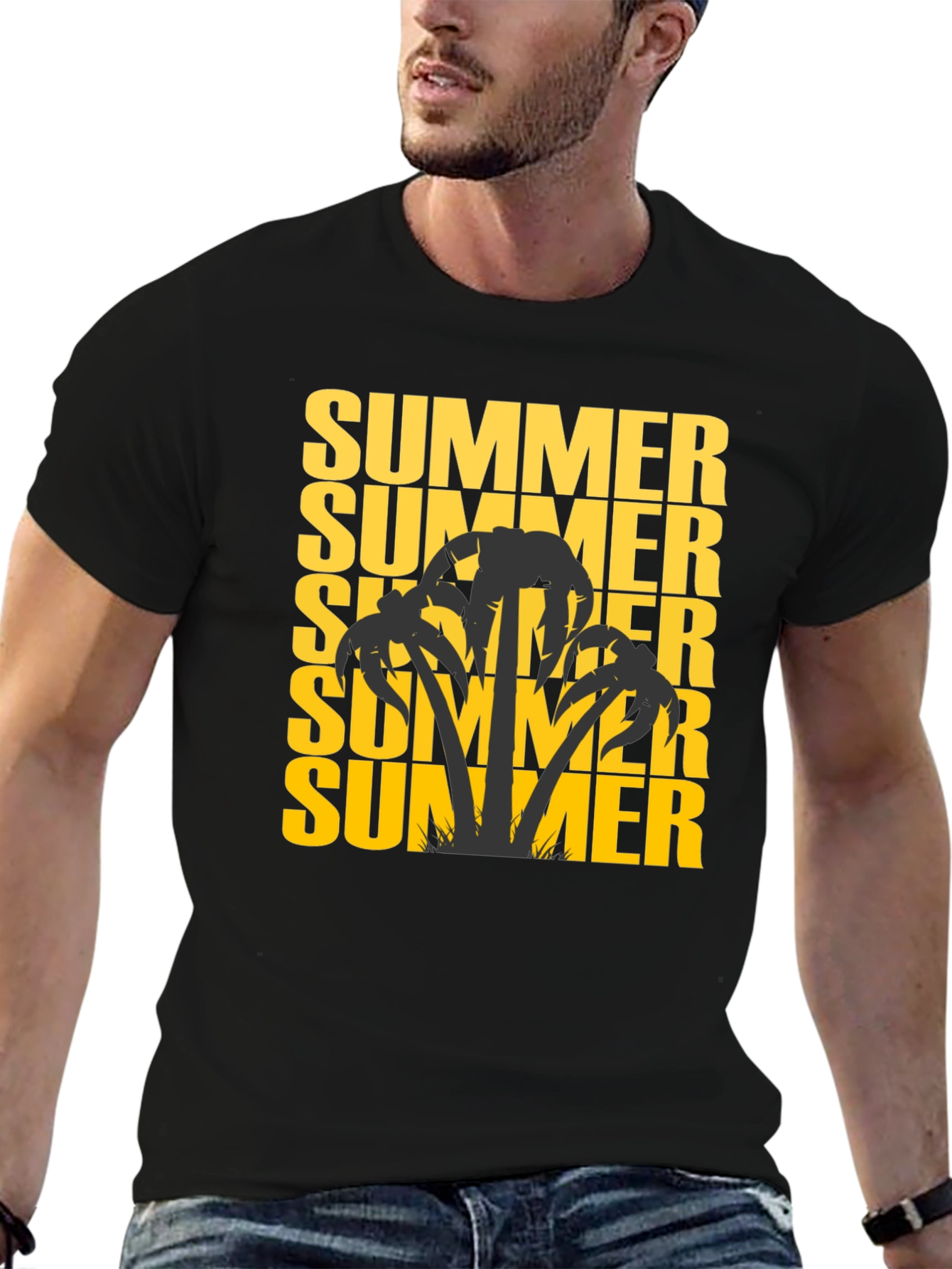 Summer Palm Tree Graphic Tee - Black Cotton T-Shirt