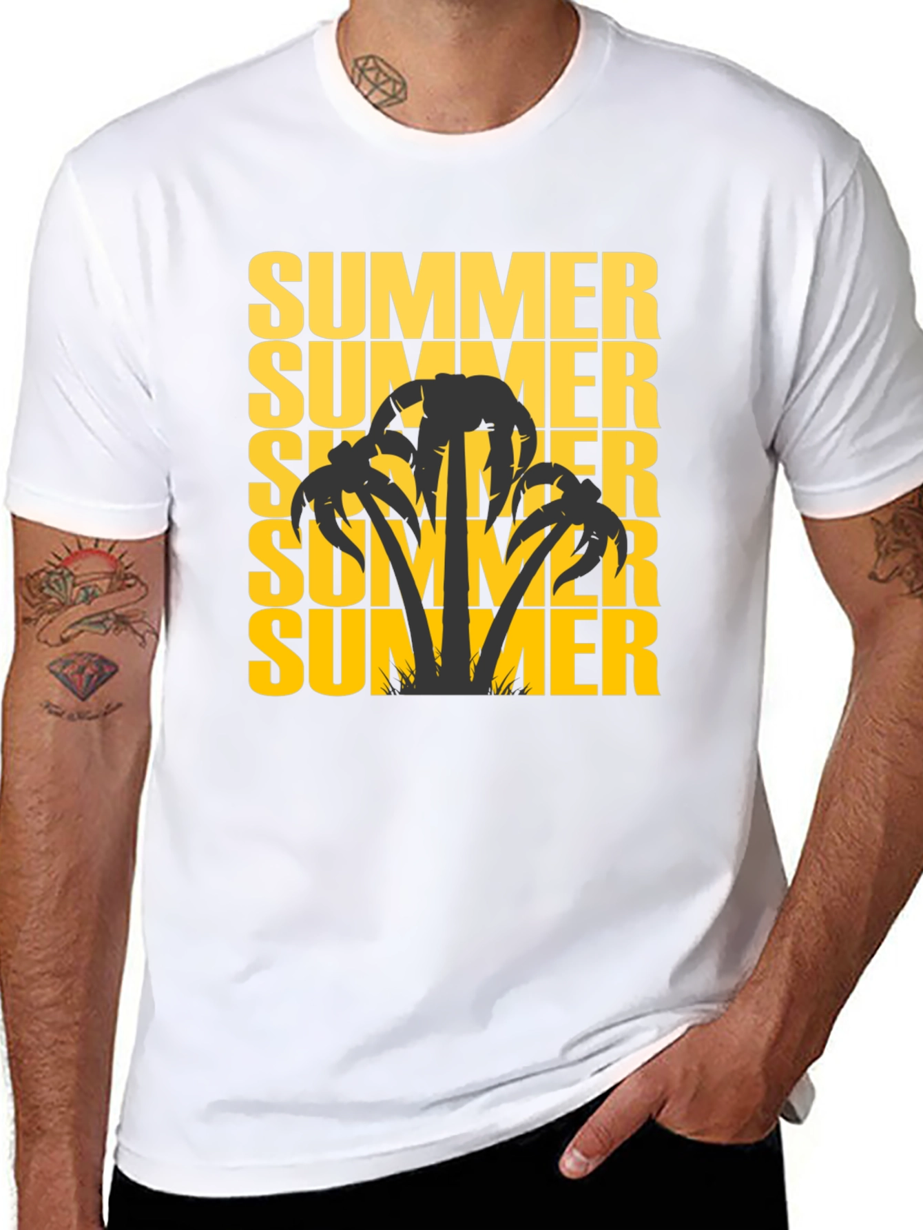 Summer Palm Tree Graphic Tee - Black Cotton T-Shirt