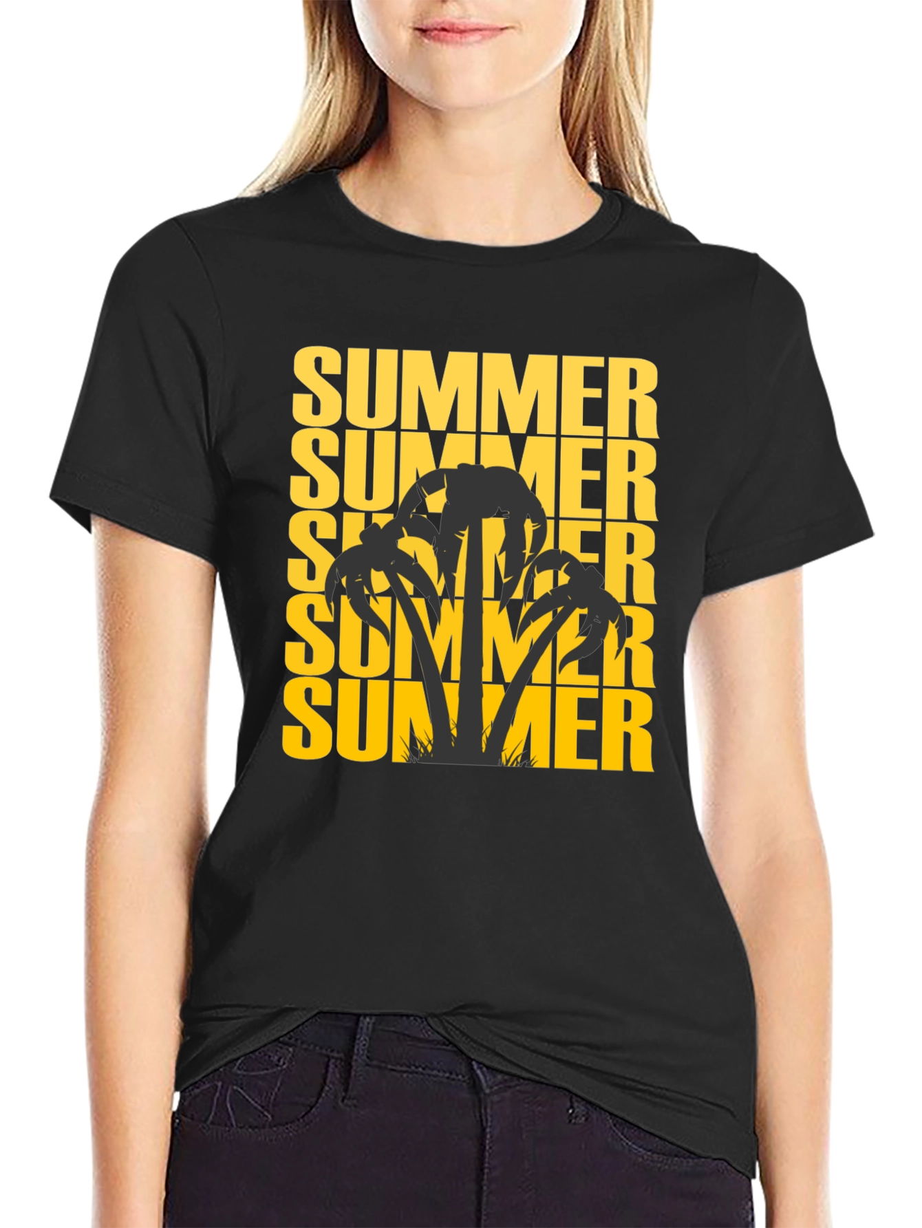 Summer Palm Tree Graphic Tee - Black Cotton T-Shirt