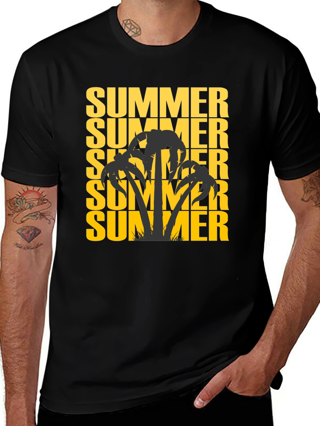 Summer Palm Tree Graphic Tee - Black Cotton T-Shirt