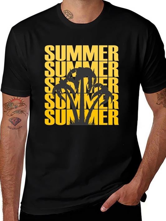 Summer Palm Tree Graphic Tee - Black Cotton T-Shirt