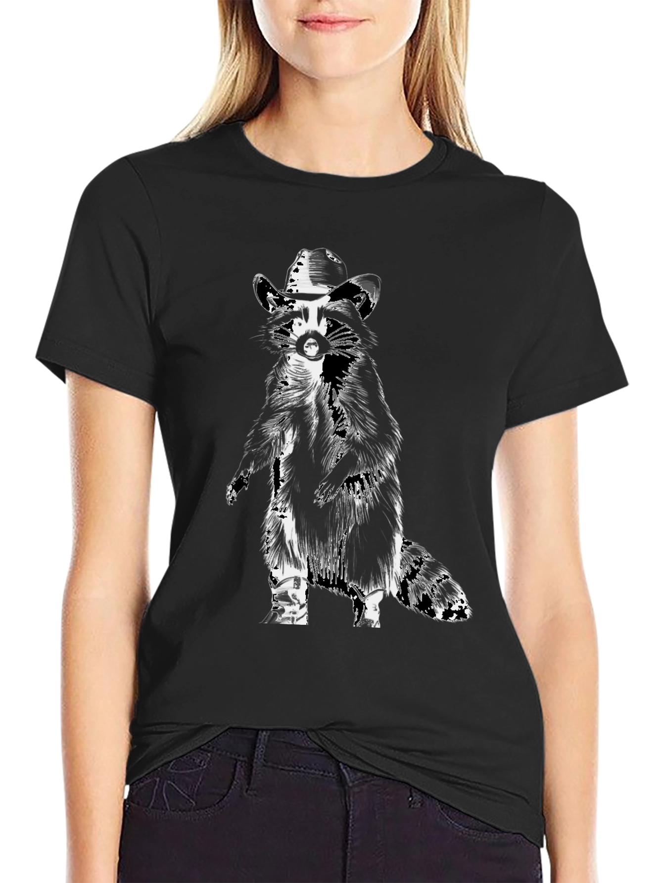 Cool Raccoon Cowboy Graphic Tee - Black Cotton T-Shirt
