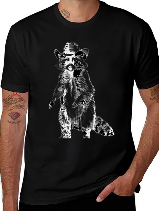 Cool Raccoon Cowboy Graphic Tee - Black Cotton T-Shirt