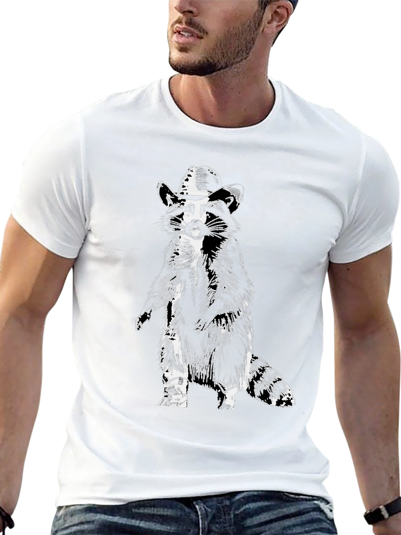 Cool Raccoon Cowboy Graphic Tee - Black Cotton T-Shirt