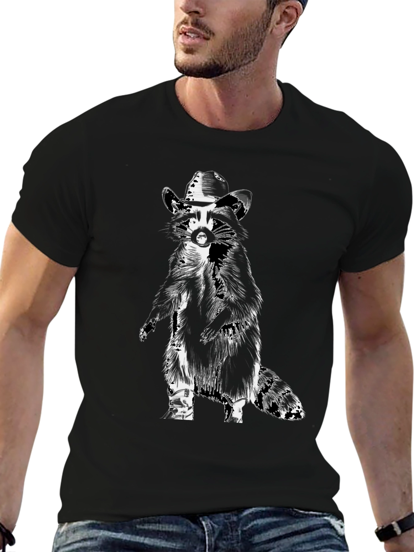 Cool Raccoon Cowboy Graphic Tee - Black Cotton T-Shirt